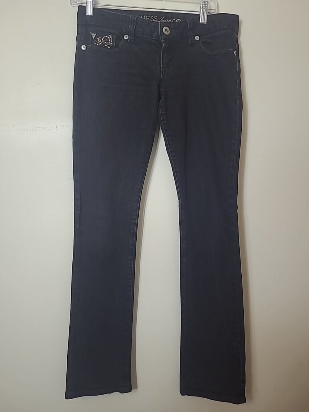 Guess Straight Leg Womens Black Low Rise Jeans Size 28 Jeweled Studded Pockets